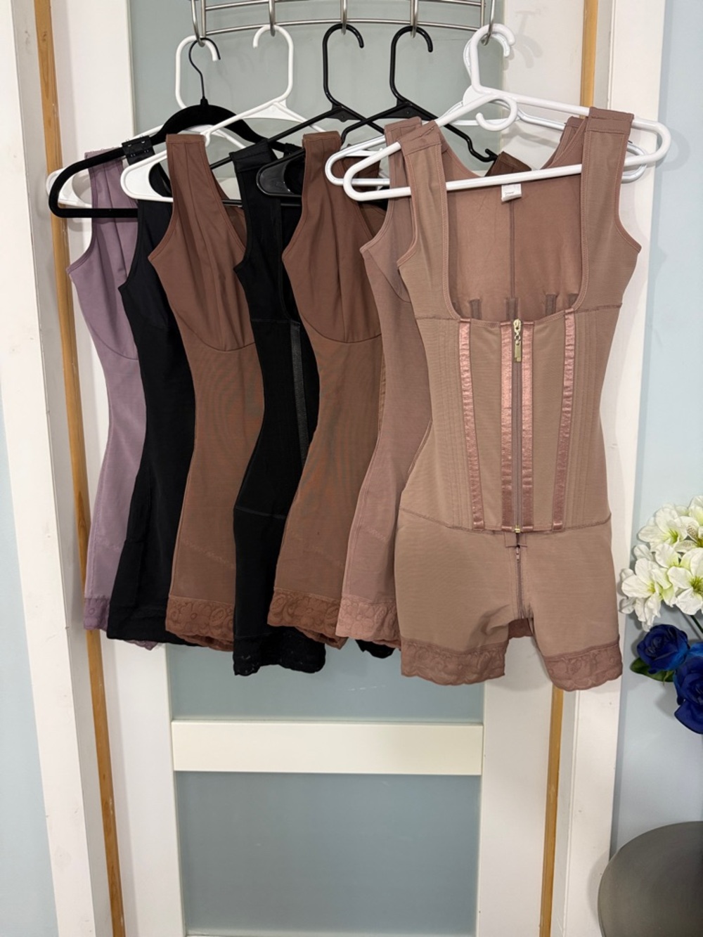 High-Waist Front-Zip Full Body Shaper Bodysuit - Brown, Black, purple and tan